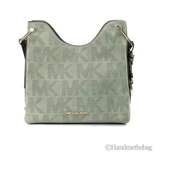 Michael Kors Joan Small Green Perforated Suede Leather Slouchy Messenger - Picture 1 of 7